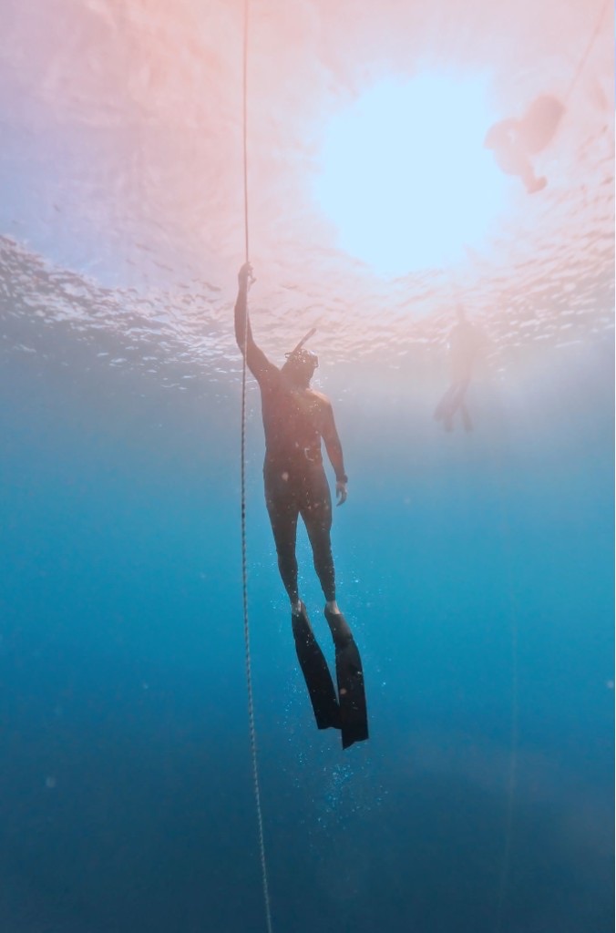 Freediver on the line, looking up toward the surface